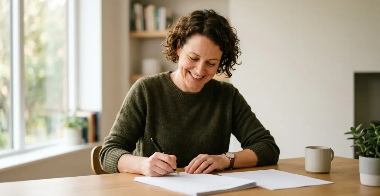 Personne signant des documents de prêt immobilier dans un environnement lumineux et accueillant