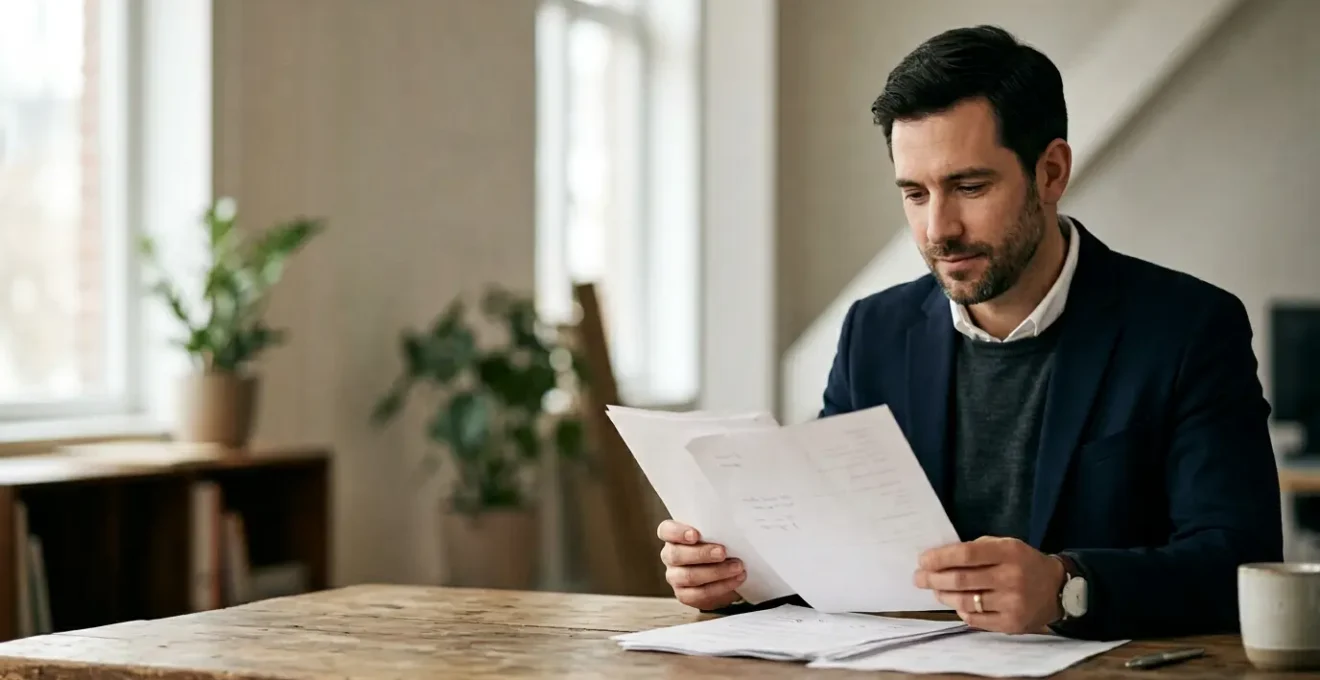 Personne consultant des documents administratifs dans un environnement lumineux et rassurant