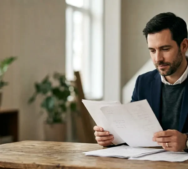 Personne consultant des documents administratifs dans un environnement lumineux et rassurant