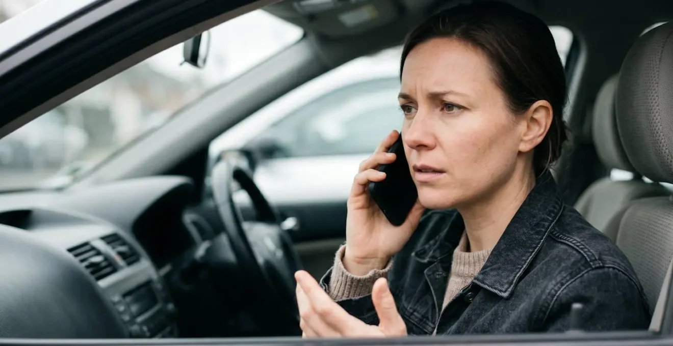 Conducteur effectuant un appel téléphonique d'urgence à sa plateforme d'assistance automobile lors d'une panne