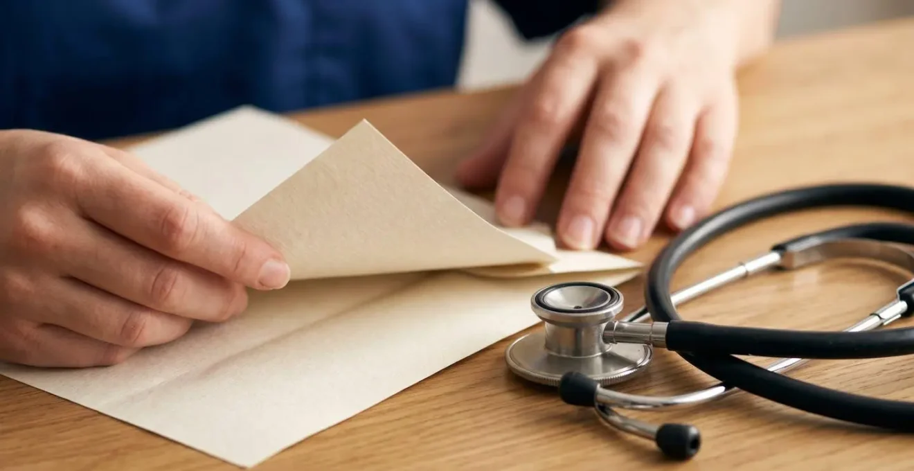 Gros plan sur des mains tenant un document médical officiel avec stéthoscope sur bureau de consultation