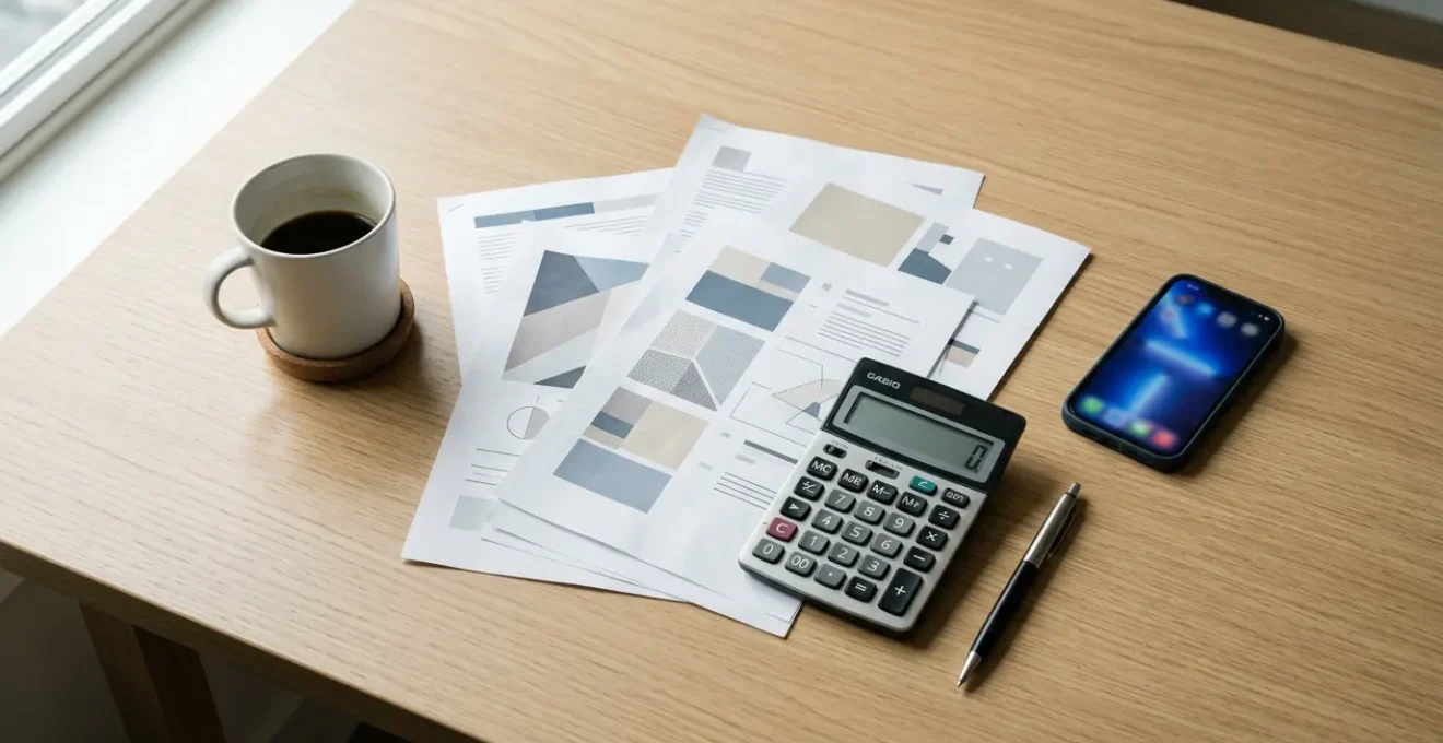 Bureau épuré avec documents d'assurance et calculatrice pour optimiser ses contrats