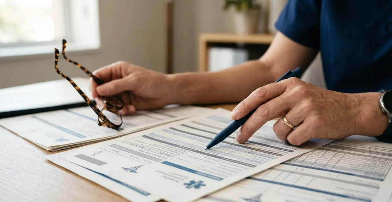 Professionnel de santé consultant un document de remboursement médical avec des lunettes et un stylo