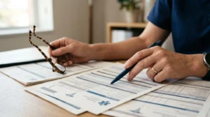 Professionnel de santé consultant un document de remboursement médical avec des lunettes et un stylo