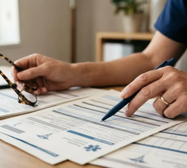 Professionnel de santé consultant un document de remboursement médical avec des lunettes et un stylo
