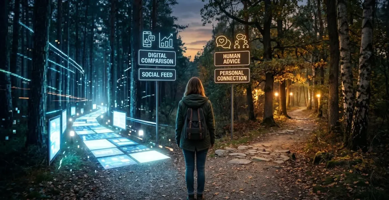 Personne face à deux chemins symbolisant le choix entre comparateur digital et conseil humain