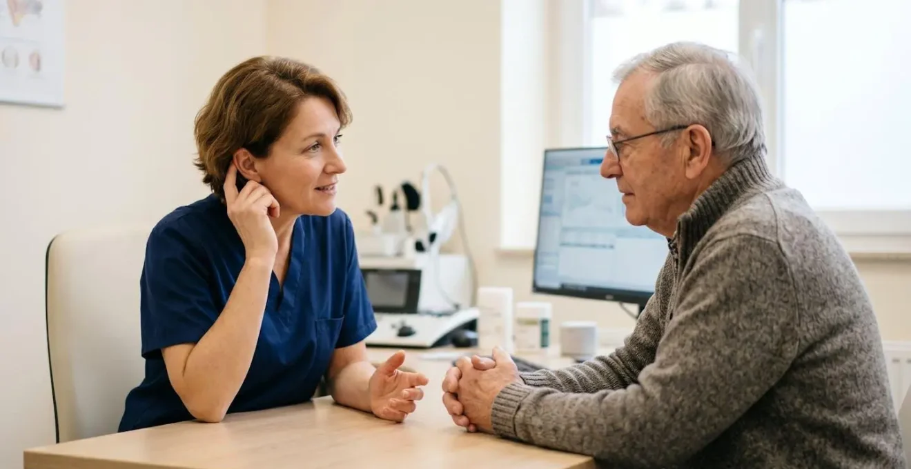 Consultation entre un audioprothésiste et un patient dans un cabinet médical sobre avec équipement audiologique en arrière-plan