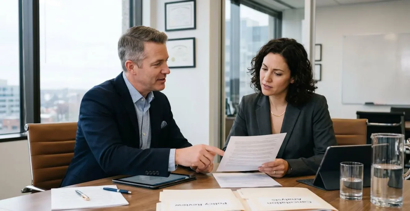 Interaction professionnelle entre un courtier en assurance et un client discutant d'une stratégie de résiliation