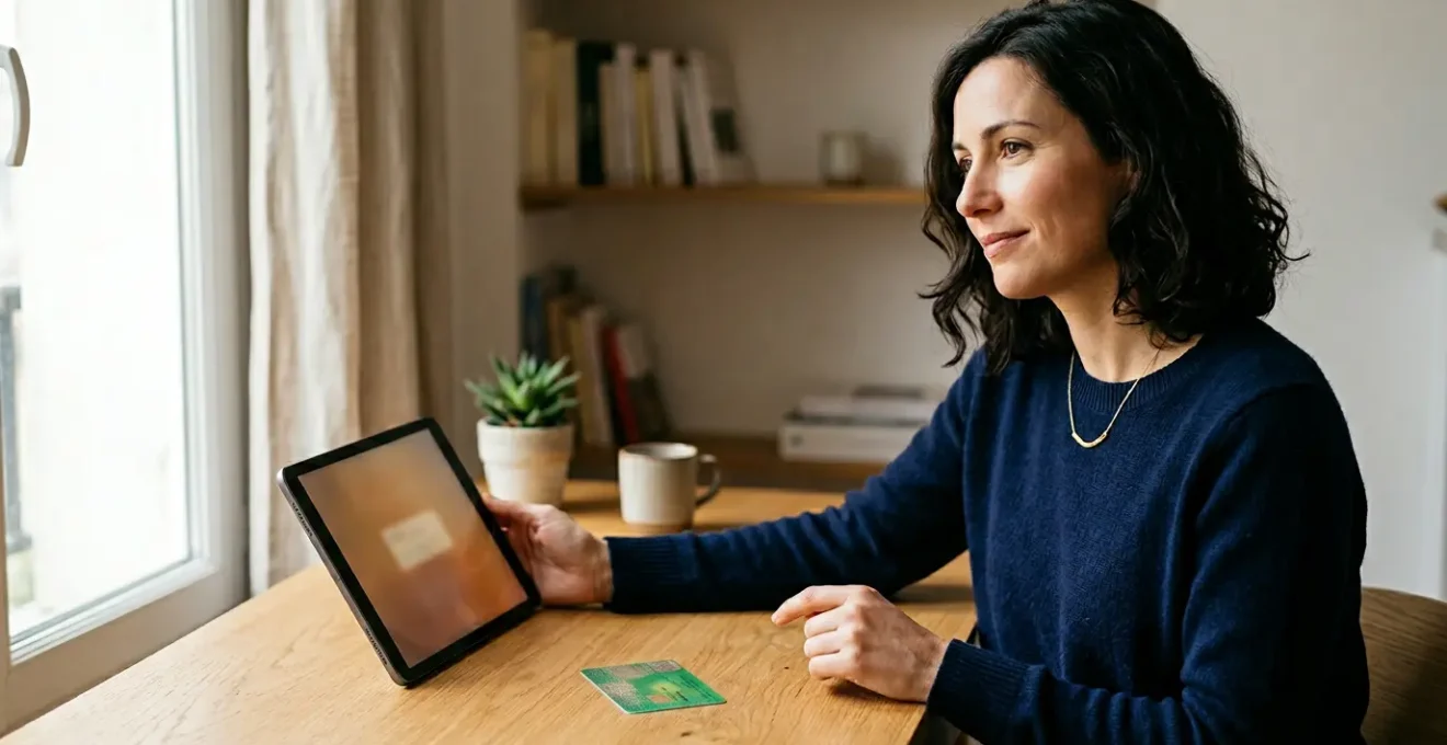 Personne consultant son espace personnel Ameli sur tablette avec carte Vitale à proximité dans un environnement domestique épuré