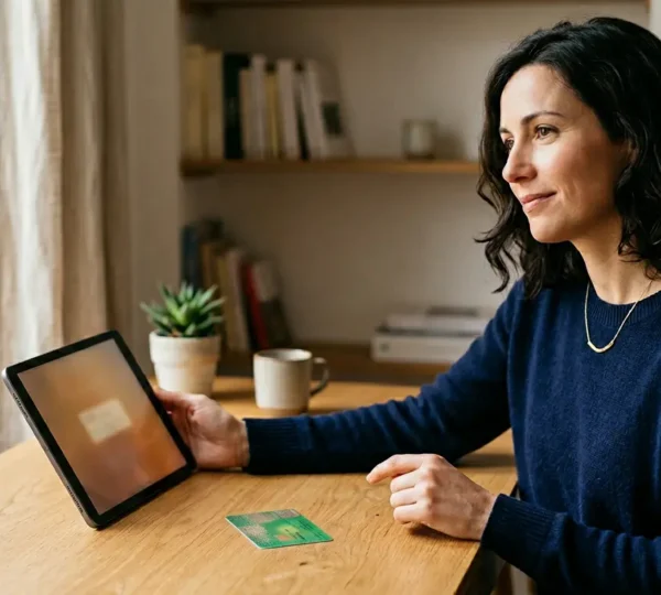 Personne consultant son espace personnel Ameli sur tablette avec carte Vitale à proximité dans un environnement domestique épuré