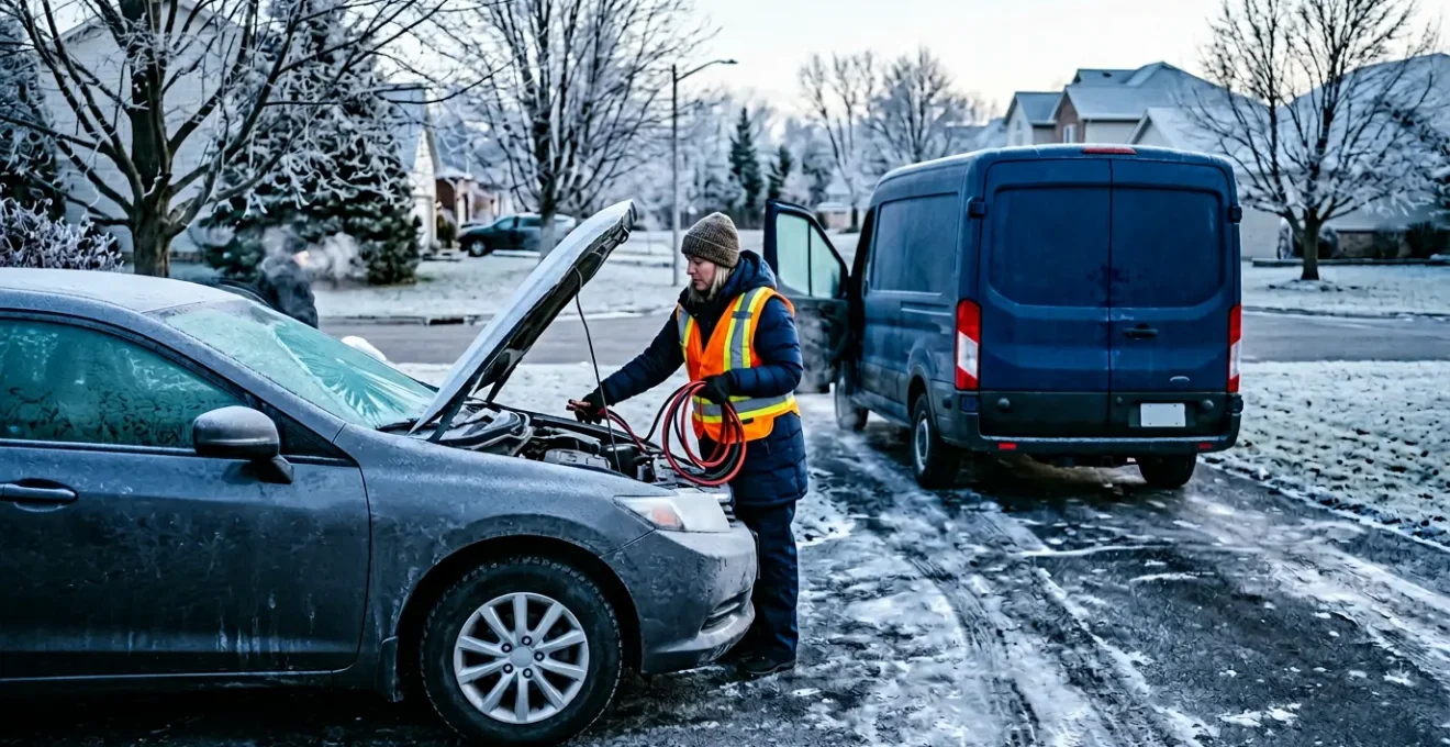 Dépannage automobile d'un véhicule immobilisé par une panne de batterie devant un domicile lors d'un matin d'hiver