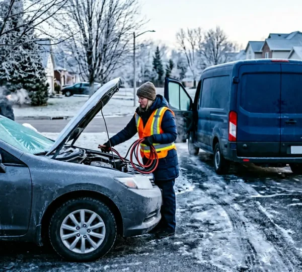 Dépannage automobile d'un véhicule immobilisé par une panne de batterie devant un domicile lors d'un matin d'hiver