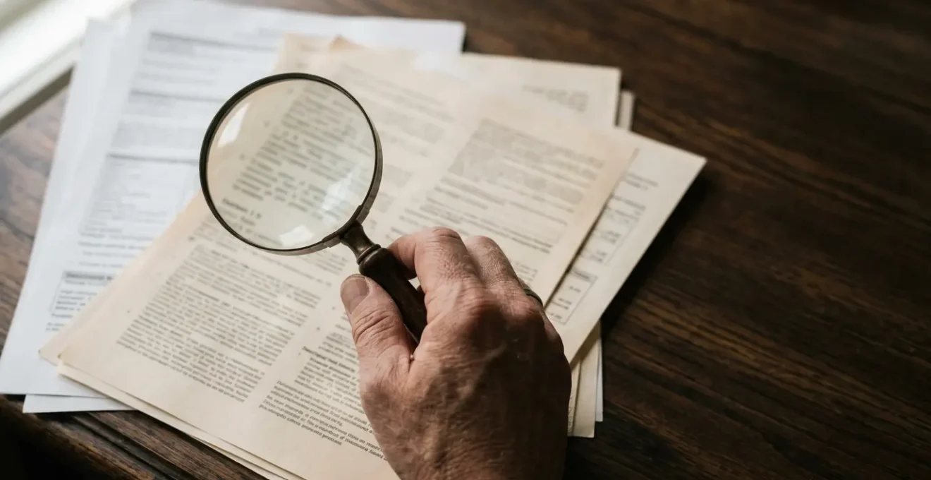 Personne examinant attentivement des documents contractuels avec une loupe