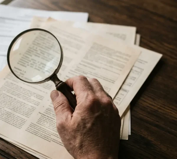 Personne examinant attentivement des documents contractuels avec une loupe