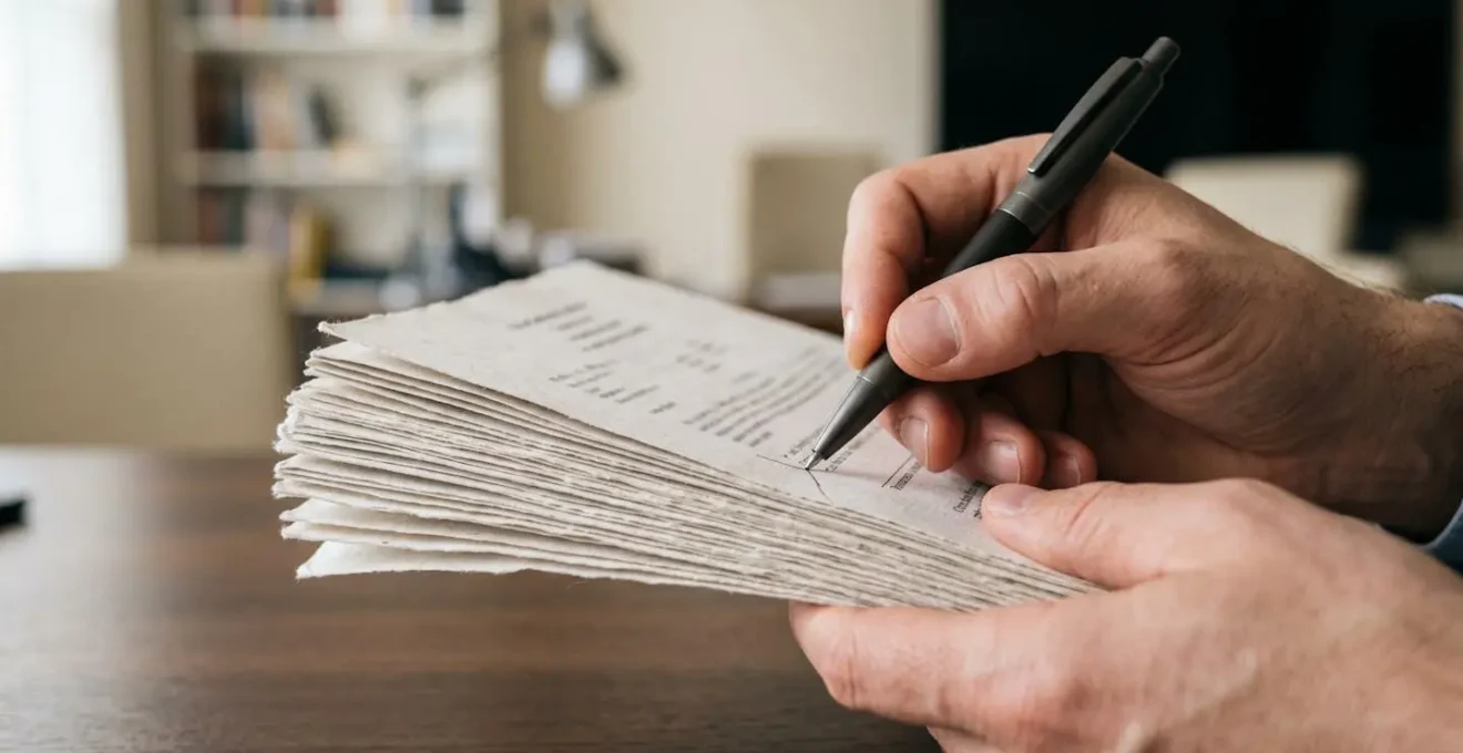 Mains d'un assuré consultant attentivement les clauses d'un contrat de mutuelle avec un stylo dans un environnement de bureau