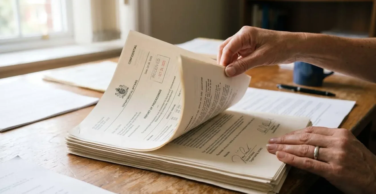Gros plan sur des mains feuilletant des documents officiels dans une lumière naturelle douce