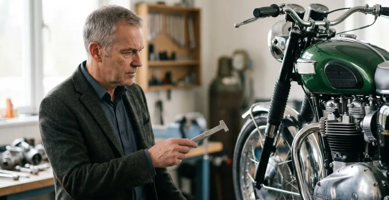 Expert automobile spécialisé examinant une moto de collection restaurée dans un atelier professionnel