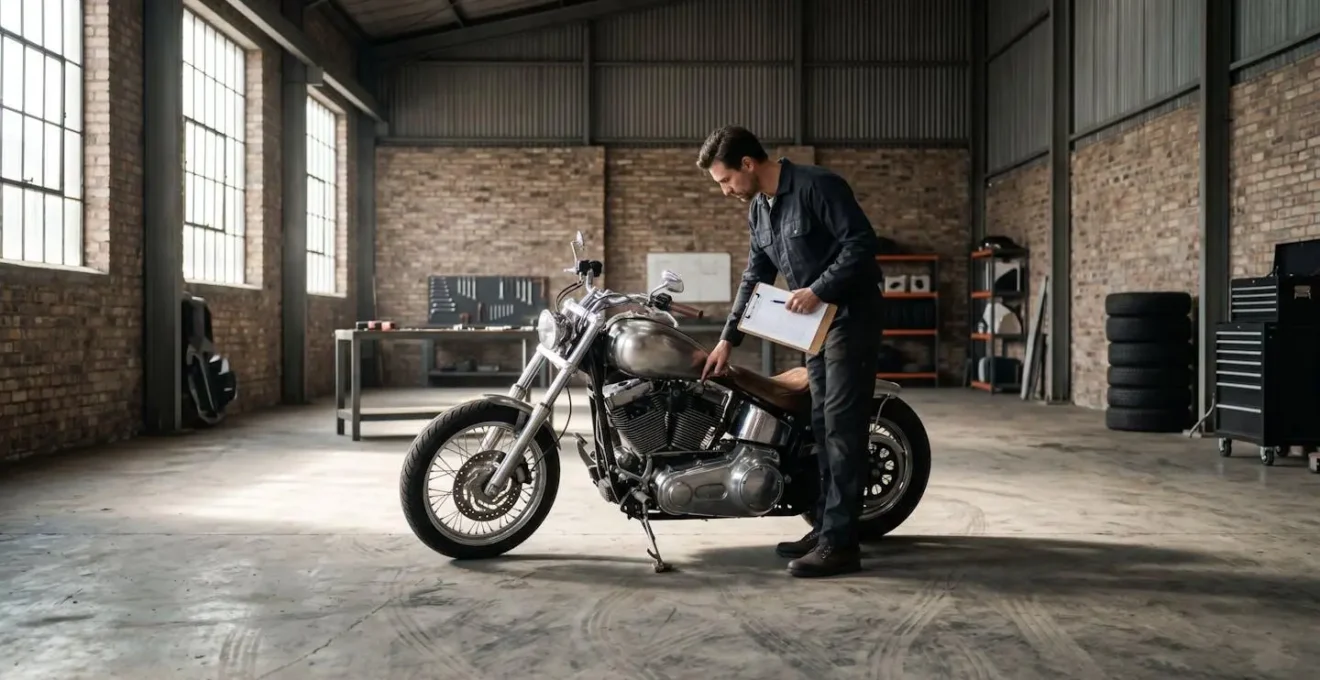 Expert évaluant minutieusement une moto customisée dans un garage spécialisé