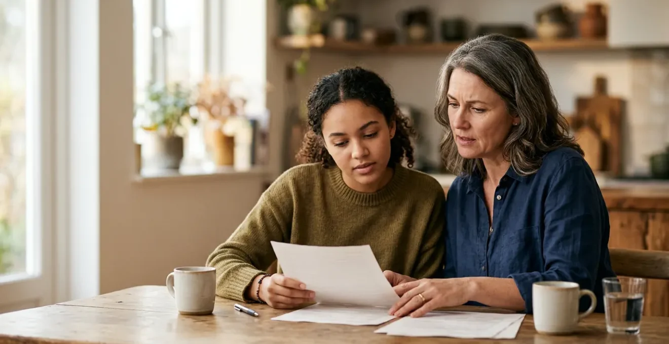 Parent et jeune conducteur examinant ensemble des documents d'assurance automobile