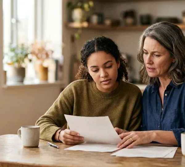 Parent et jeune conducteur examinant ensemble des documents d'assurance automobile