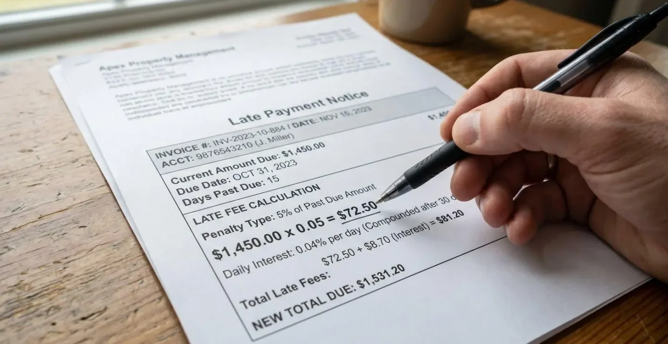 Gros plan sur des documents financiers montrant le calcul des intérêts de retard