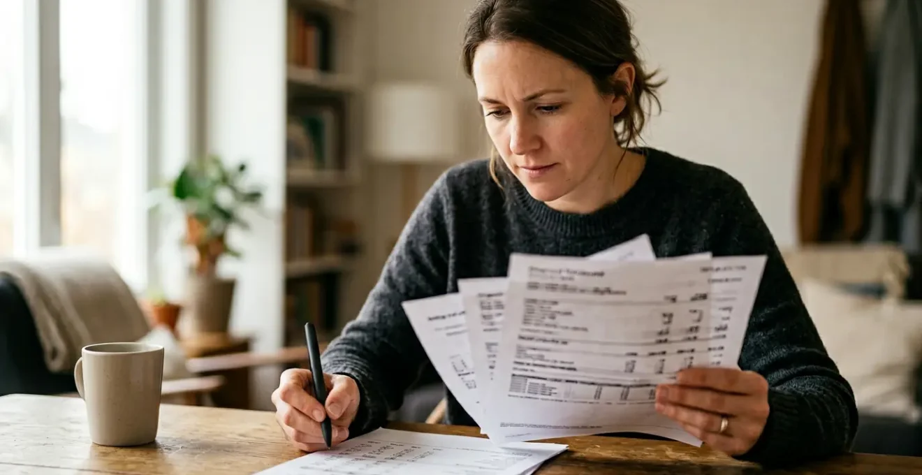 Personne analysant des documents de remboursement de soins de santé avec attention