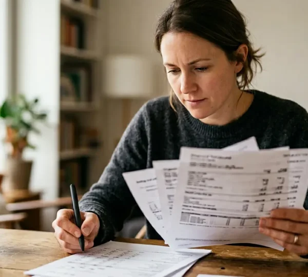 Personne analysant des documents de remboursement de soins de santé avec attention