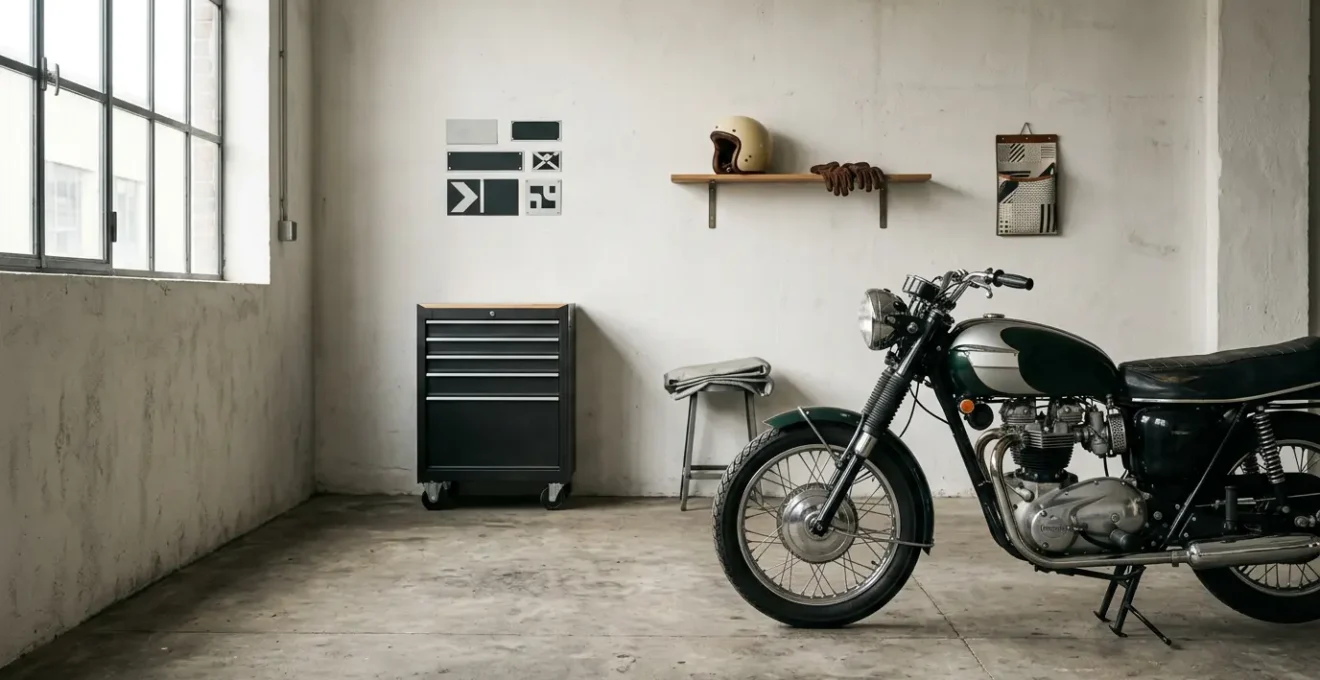 Moto Triumph classique de collection dans un garage, symbole de patrimoine roulant et de préservation historique