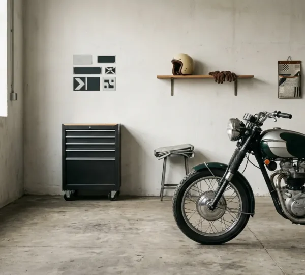 Moto Triumph classique de collection dans un garage, symbole de patrimoine roulant et de préservation historique