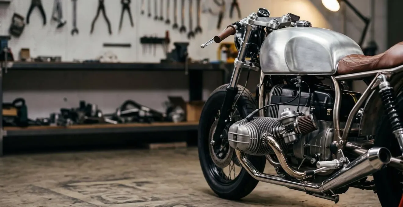 Moto café racer customisée avec pièces sur-mesure dans un atelier de préparation artisanal