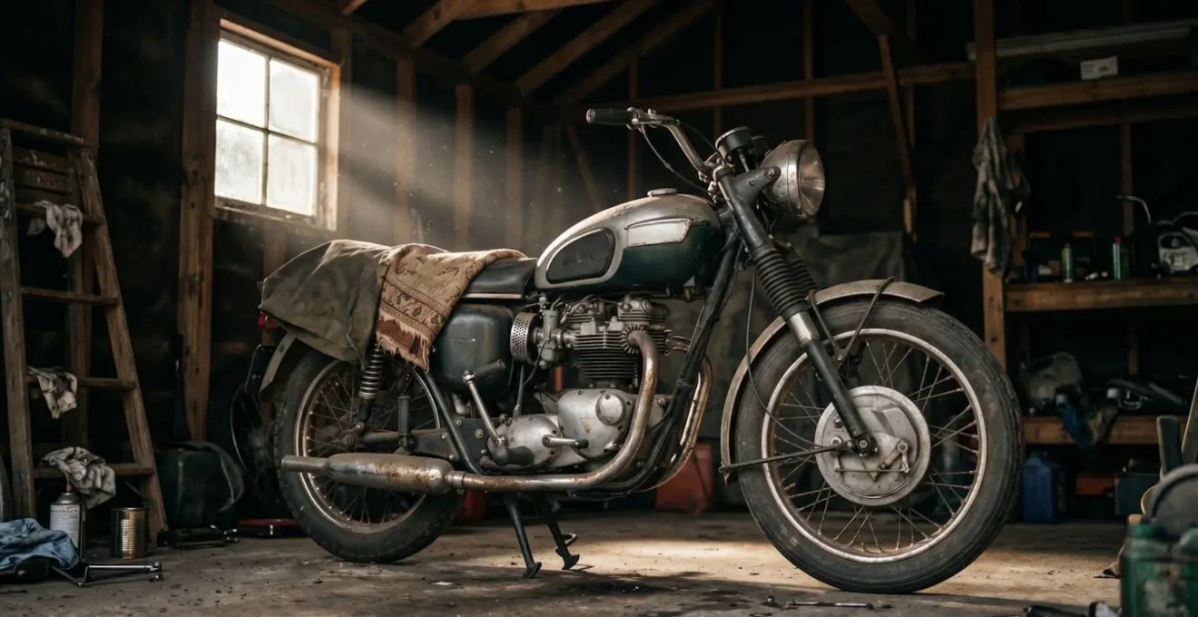 Moto classique ancienne préservée dans un garage privé sécurisé