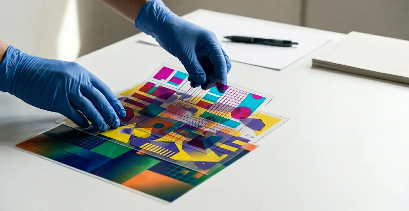 Mains gantées manipulant avec précision des documents administratifs de santé sur un bureau épuré, symbolisant la navigation dans le système de tiers payant