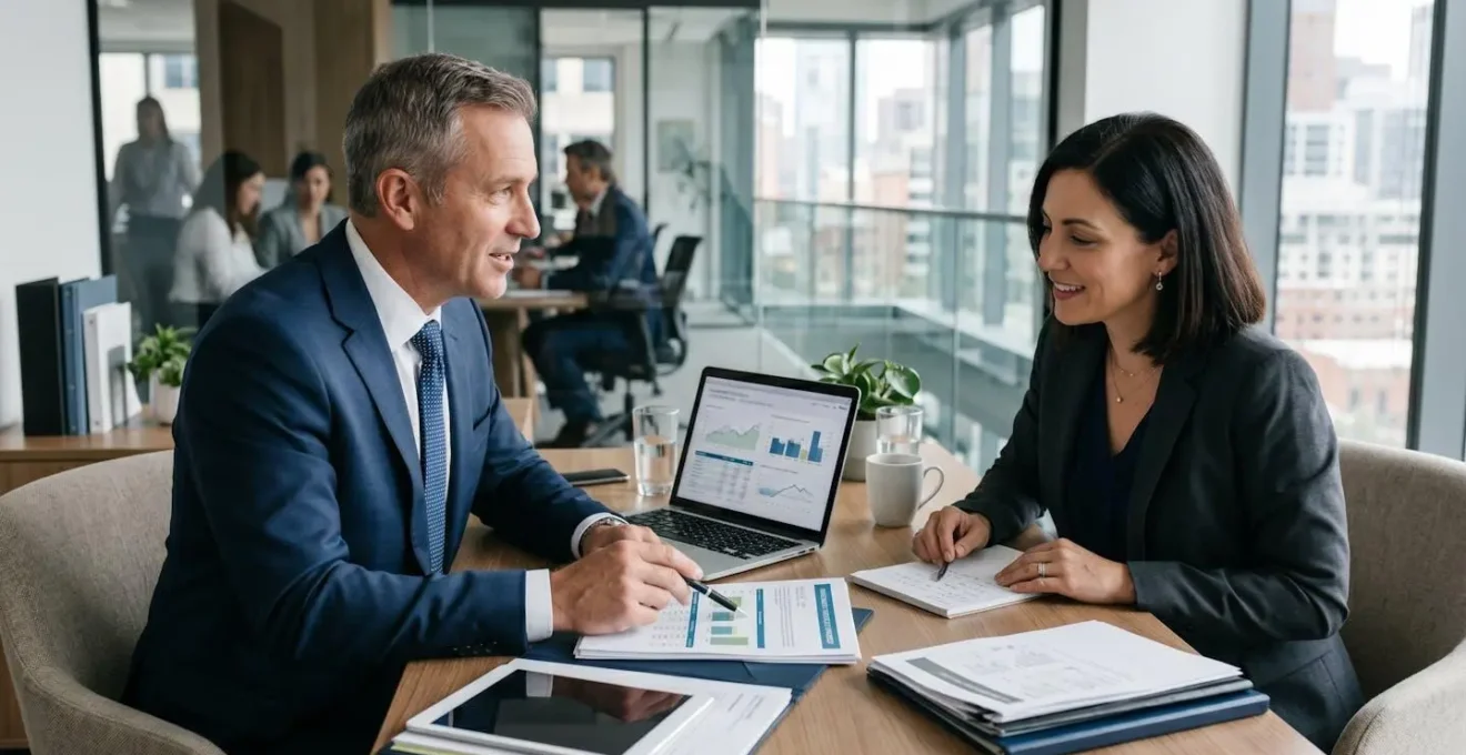 Échange professionnel entre un courtier et un client autour d'un bureau