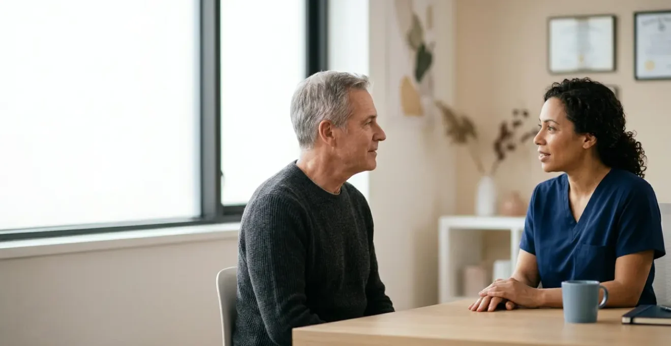 Échange professionnel entre patient et chirurgien dans un cabinet médical moderne