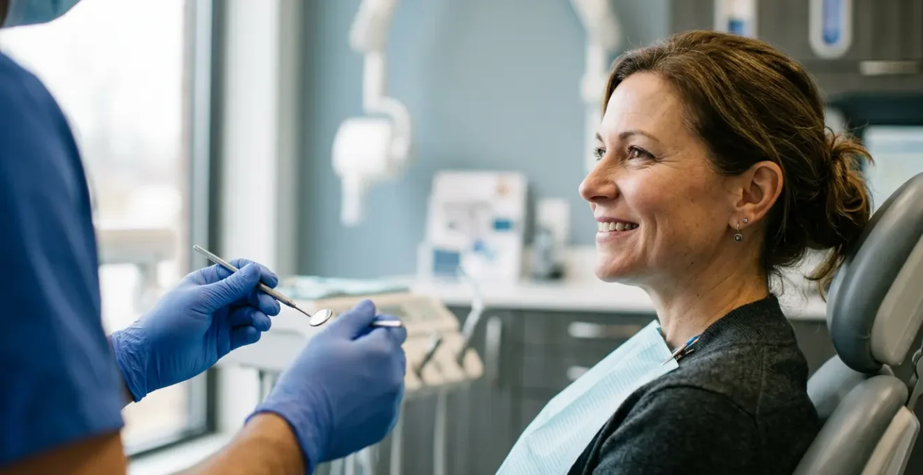 Patient consultant sereinement son dentiste pour obtenir des soins dentaires de qualité avec la réforme 100% Santé