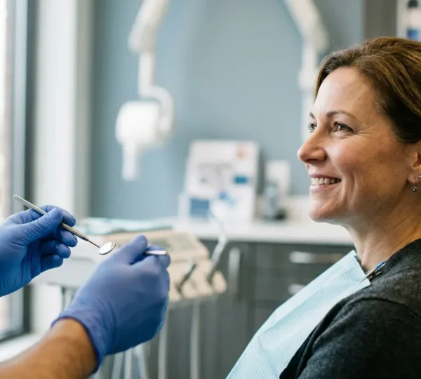 Patient consultant sereinement son dentiste pour obtenir des soins dentaires de qualité avec la réforme 100% Santé