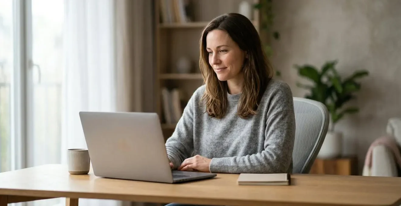 Personne consultant sereinement des offres d'assurance en ligne sur ordinateur dans un environnement calme