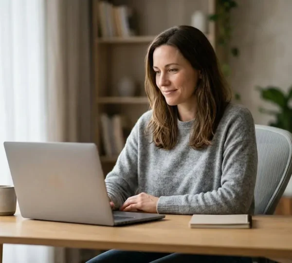 Personne consultant sereinement des offres d'assurance en ligne sur ordinateur dans un environnement calme