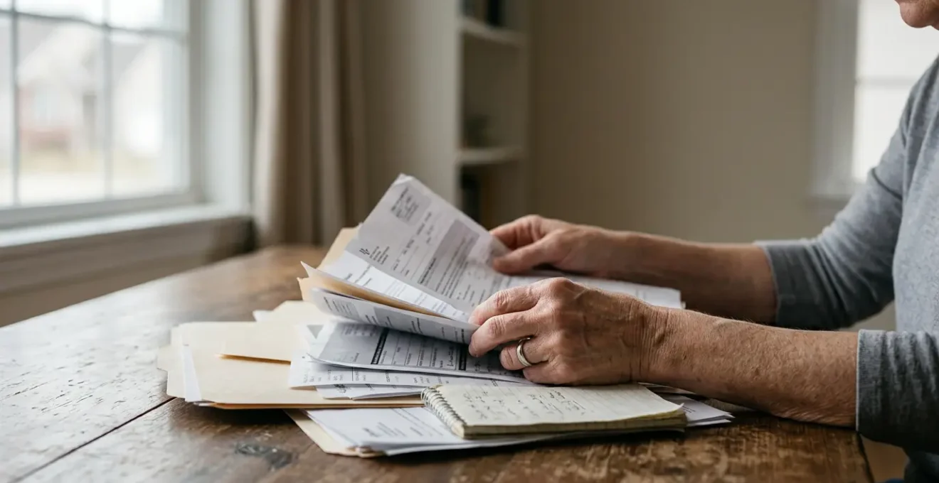 Personne fatiguée face à des documents administratifs complexes, symbolisant l'épuisement professionnel et les démarches d'assurance