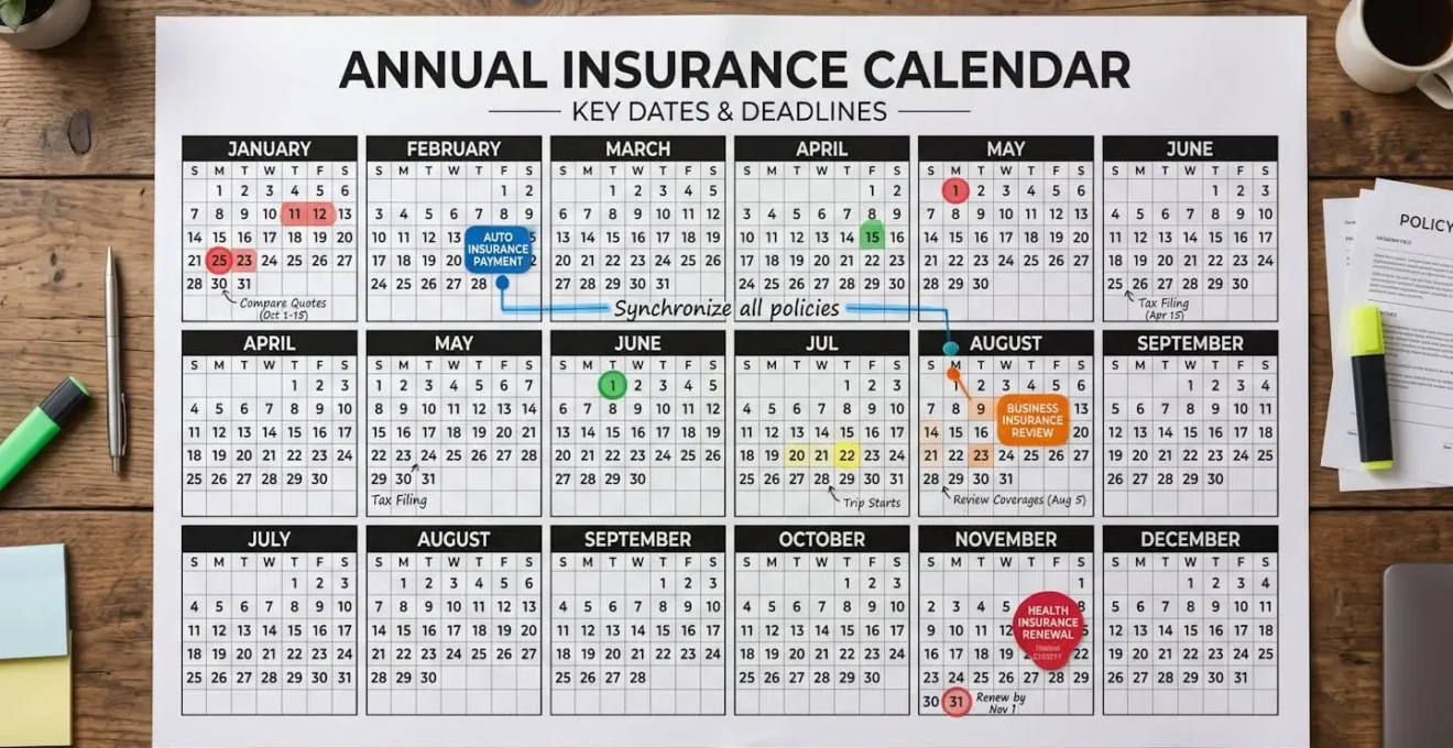 Vue aérienne d'un calendrier annuel avec marqueurs de dates clés pour synchroniser les échéances d'assurance