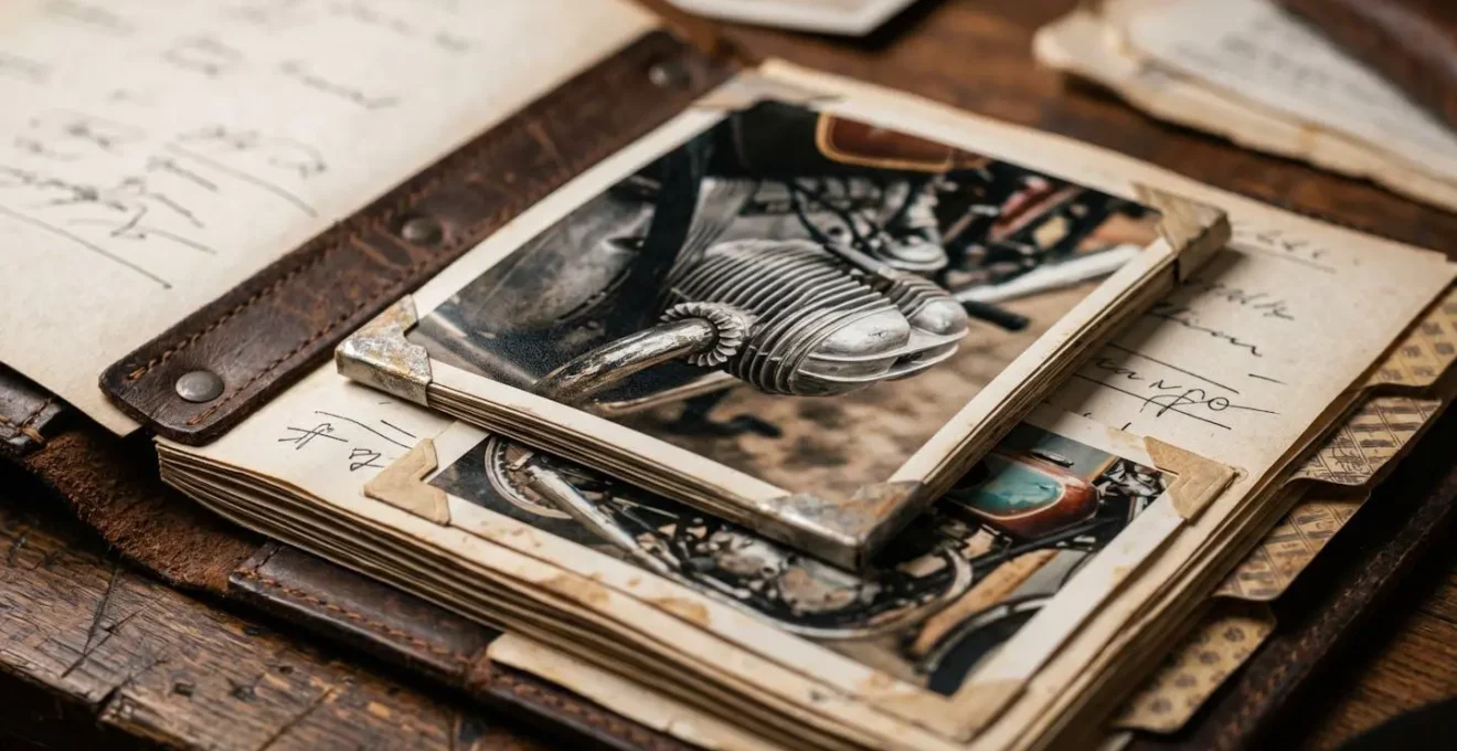 Dossier de restauration d'une moto de collection avec photographies et documentation technique détaillée