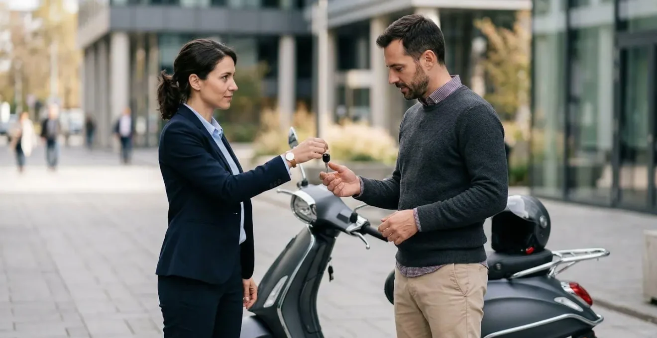Deux personnes échangeant les clés d'un scooter 125cc dans un contexte professionnel sécurisé