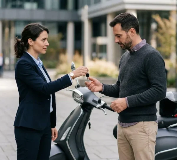 Deux personnes échangeant les clés d'un scooter 125cc dans un contexte professionnel sécurisé
