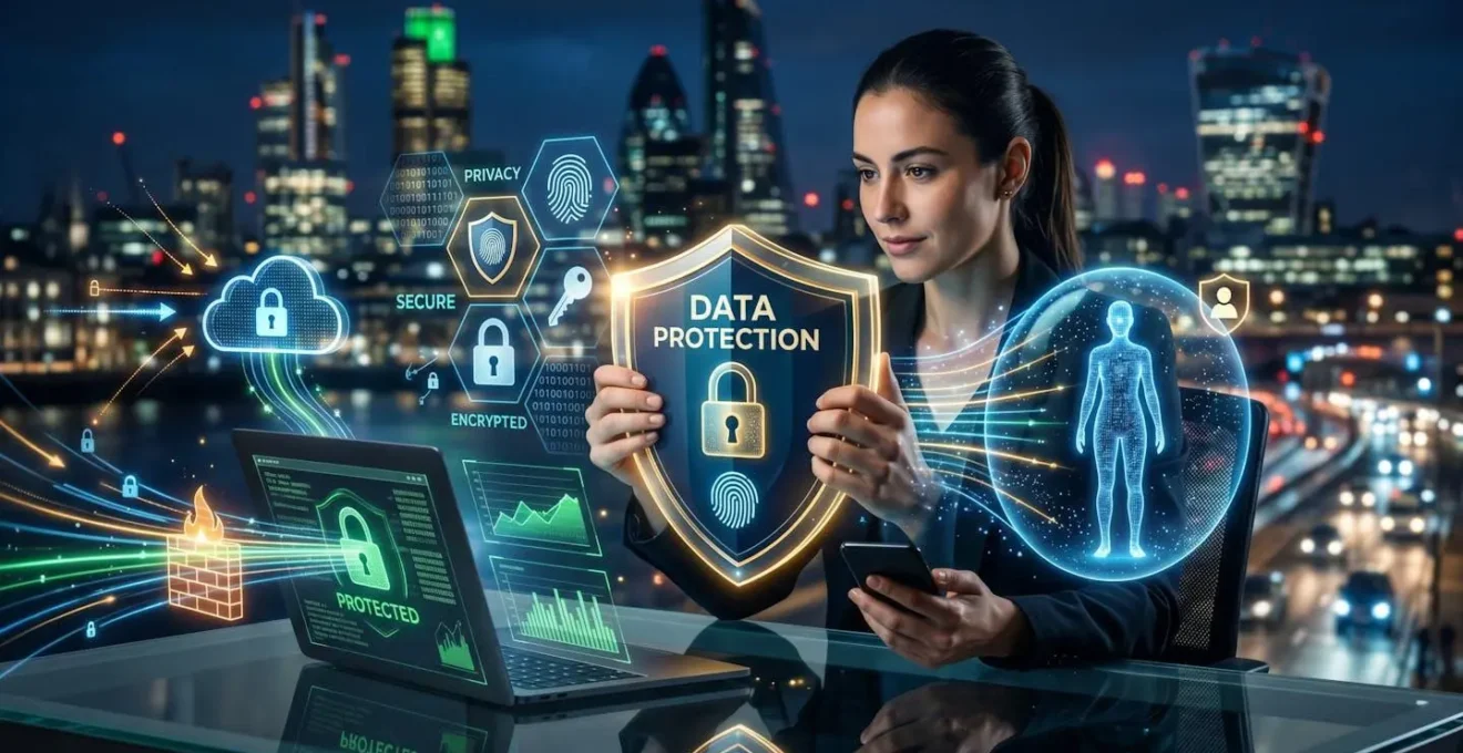 Concept de protection des données personnelles avec des éléments symbolisant la vie privée et la sécurité numérique