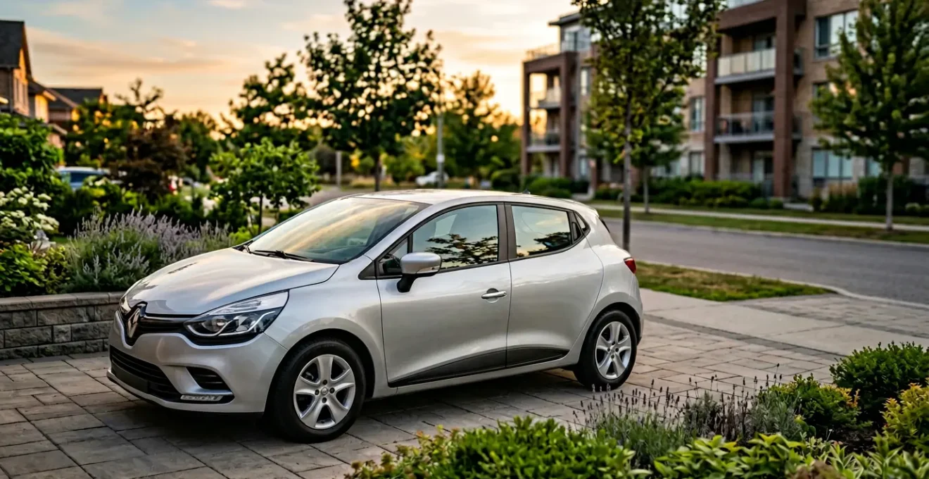 Voiture d'occasion garée en sécurité avec focus sur le pare-brise intact illustrant une protection intelligente contre le bris de glace et le vol