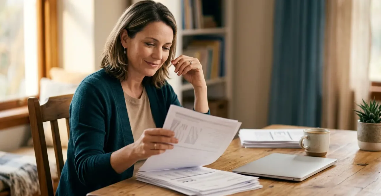 Gestionnaire analysant des documents d'assurance avec calculatrice et tablettes pour optimiser ses contrats