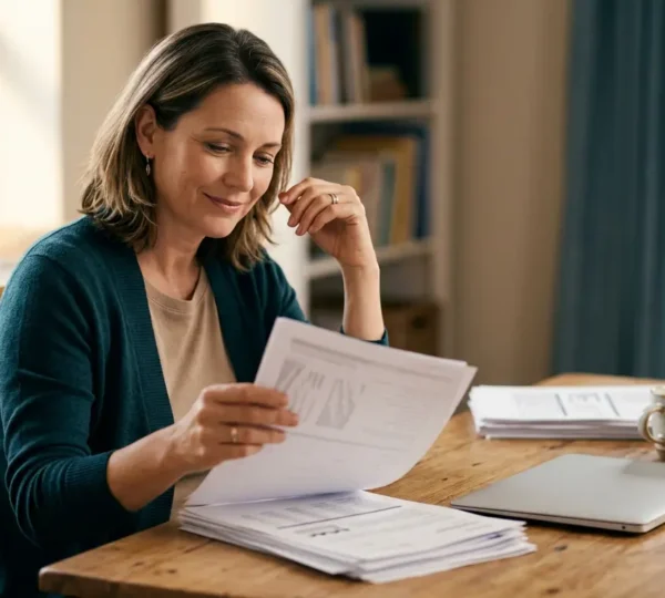 Gestionnaire analysant des documents d'assurance avec calculatrice et tablettes pour optimiser ses contrats