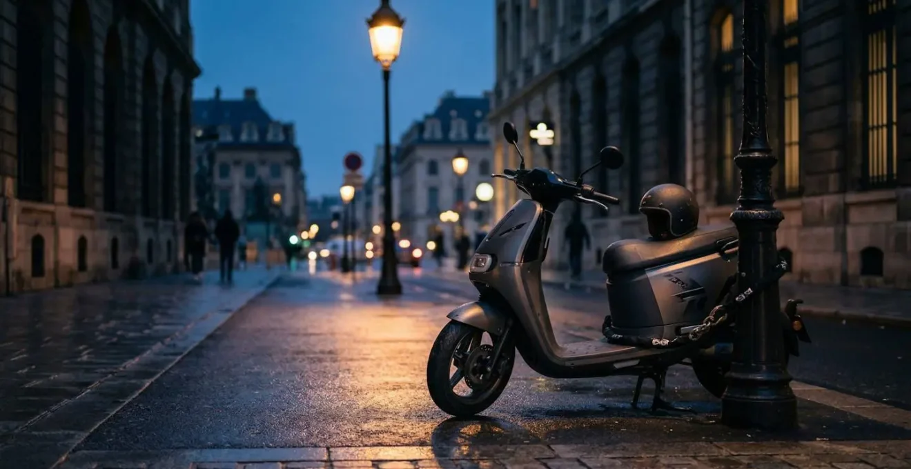 Scooter sécurisé dans une rue urbaine nocturne avec dispositifs de protection visibles