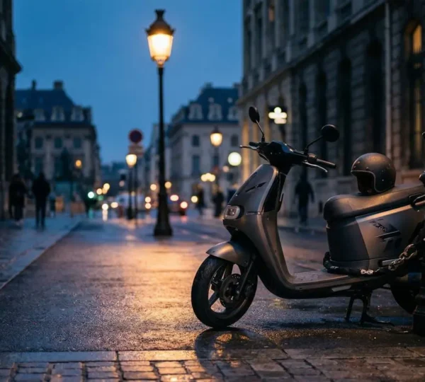 Scooter sécurisé dans une rue urbaine nocturne avec dispositifs de protection visibles