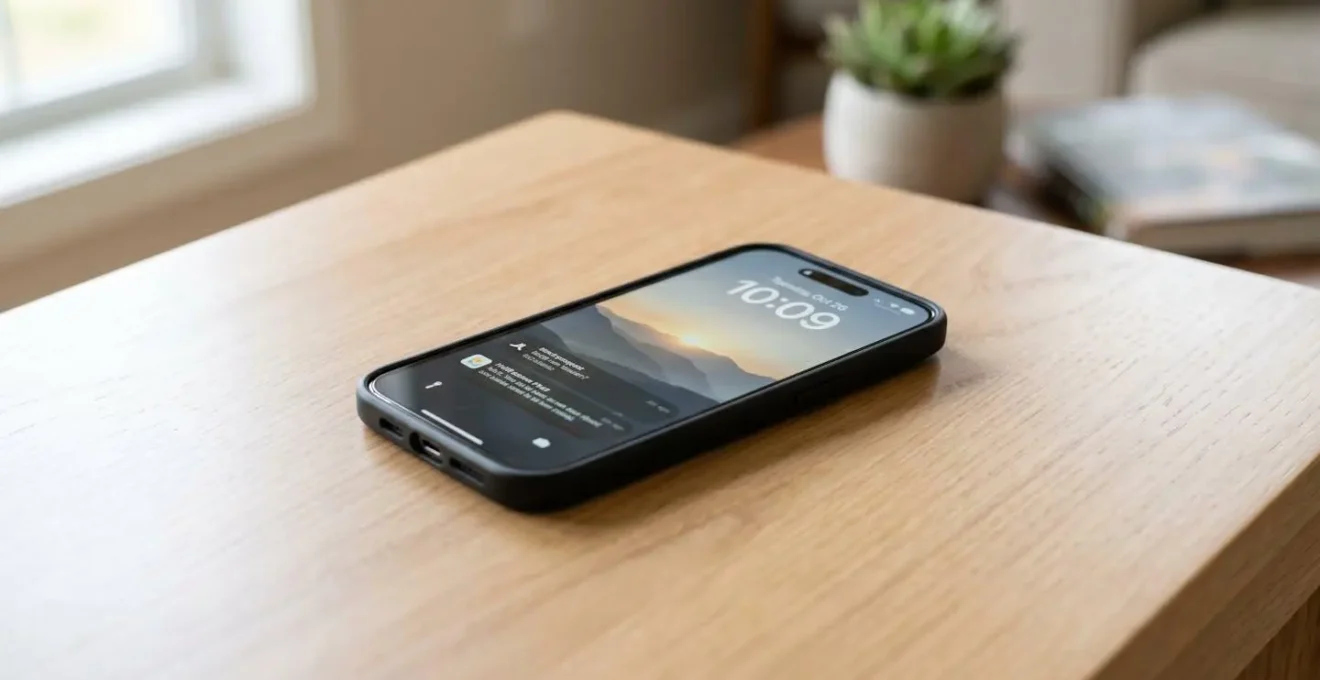 Smartphone moderne avec écran intact posé sur surface épurée symbolisant la protection